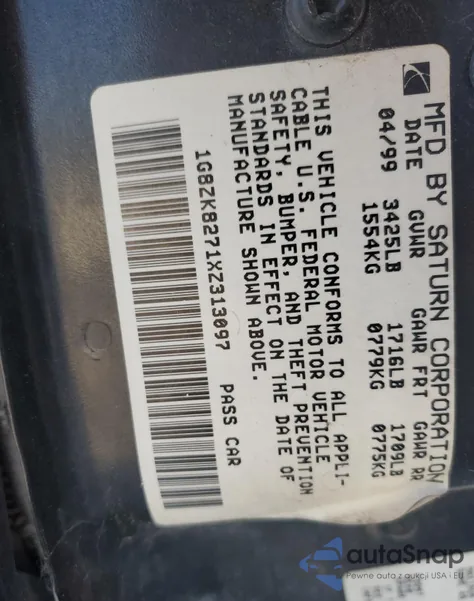 1999 Saturn Sw2 from USA, damaged, VIN 1G8ZK8271XZ313097